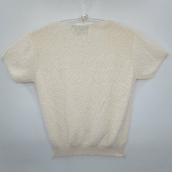 Le Roy Vintage Rosette Open Knit Boat Neck Short Sleeve Lolita Sweater Blouse - Picture 3 of 11